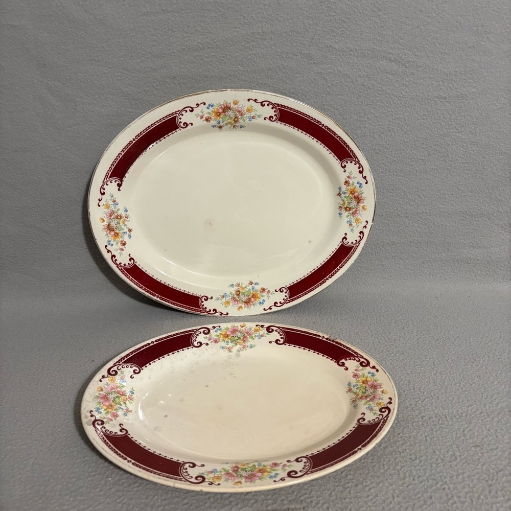 Homer Laughlin Majestic Floral Burgundy Trim Oval Platter Set made in USA